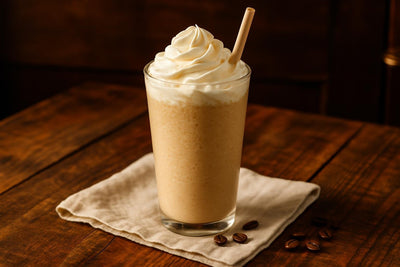 White Mocha Frappé in a glass on an oak table
