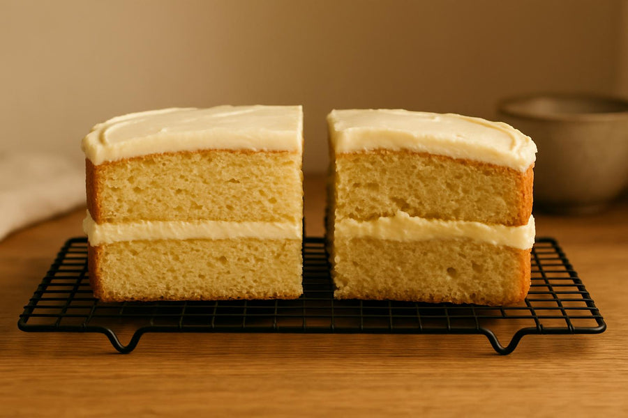 Cross-section of a cake showing sunken center compared to properly baked edge for troubleshooting