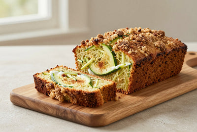 A loaf of zucchini bread on a wooden board, two thick slices cut to show the moist crumb