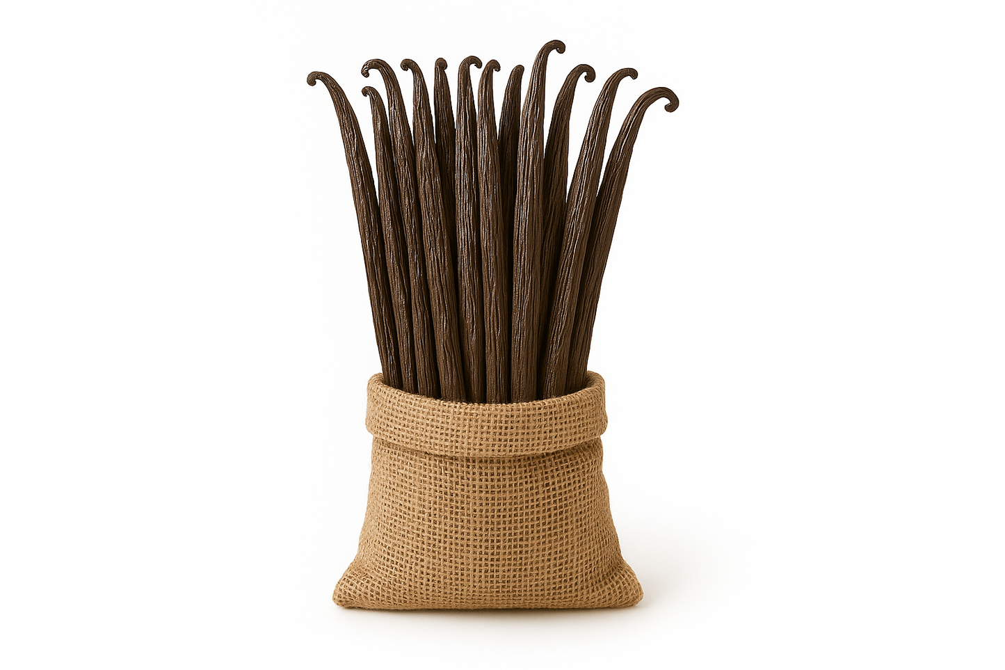 Bunch of vanilla beans in a small jute bag on a white background