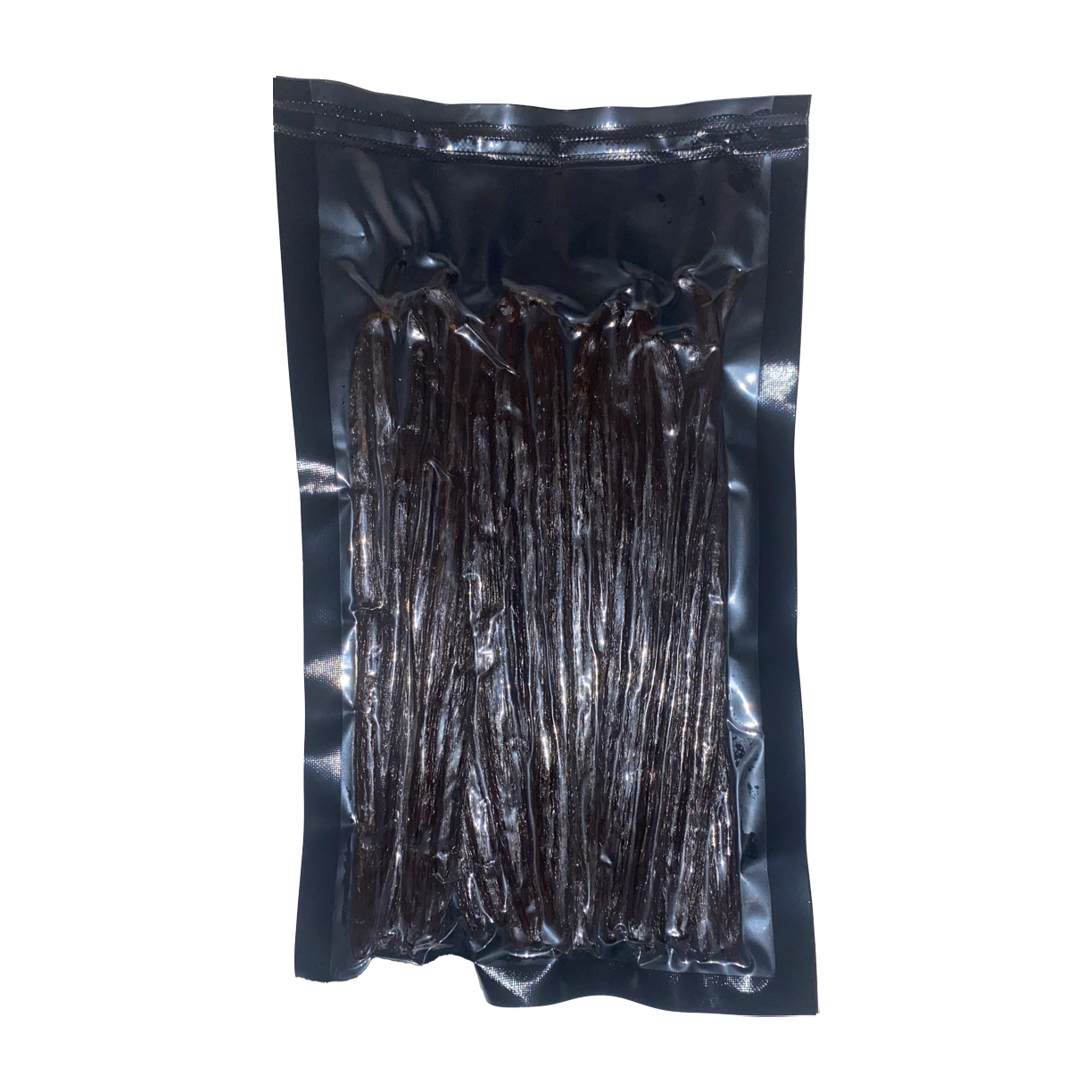 Vacuum-sealed package of vanilla beans on a white background