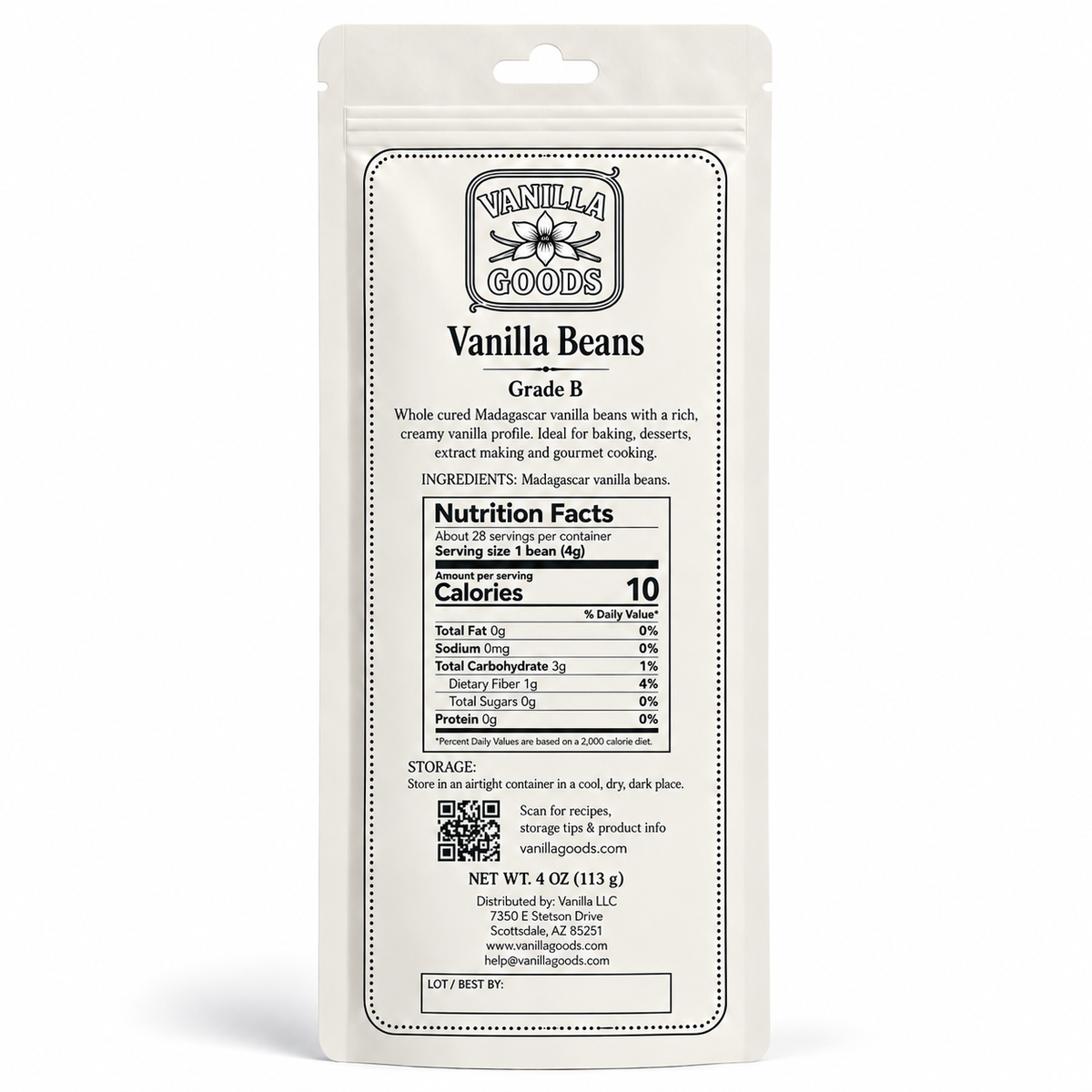 Madagascar Vanilla Beans, Grade B, 4oz bag