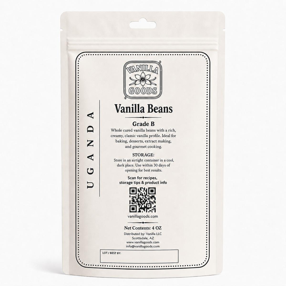 Uganda Vanilla Beans, Grade B, 4oz bag