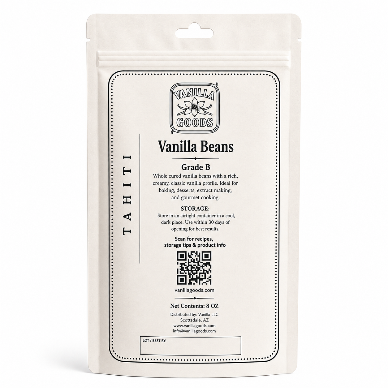 Tahitian Vanilla Beans, Grade B, 8 oz bag