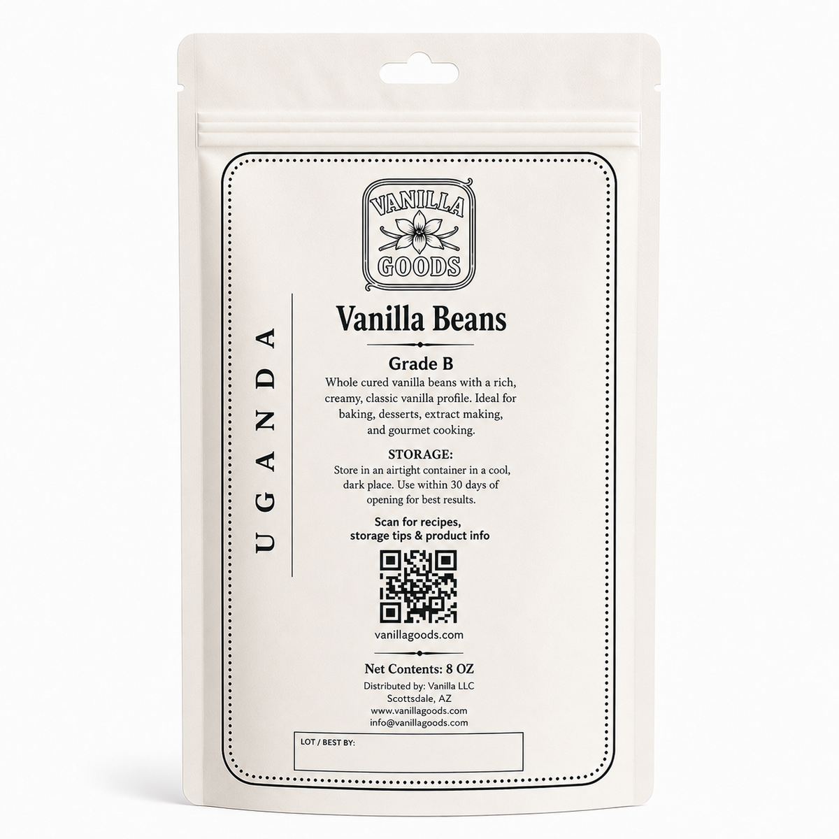 Uganda Vanilla Beans, Grade B, 8 oz bag