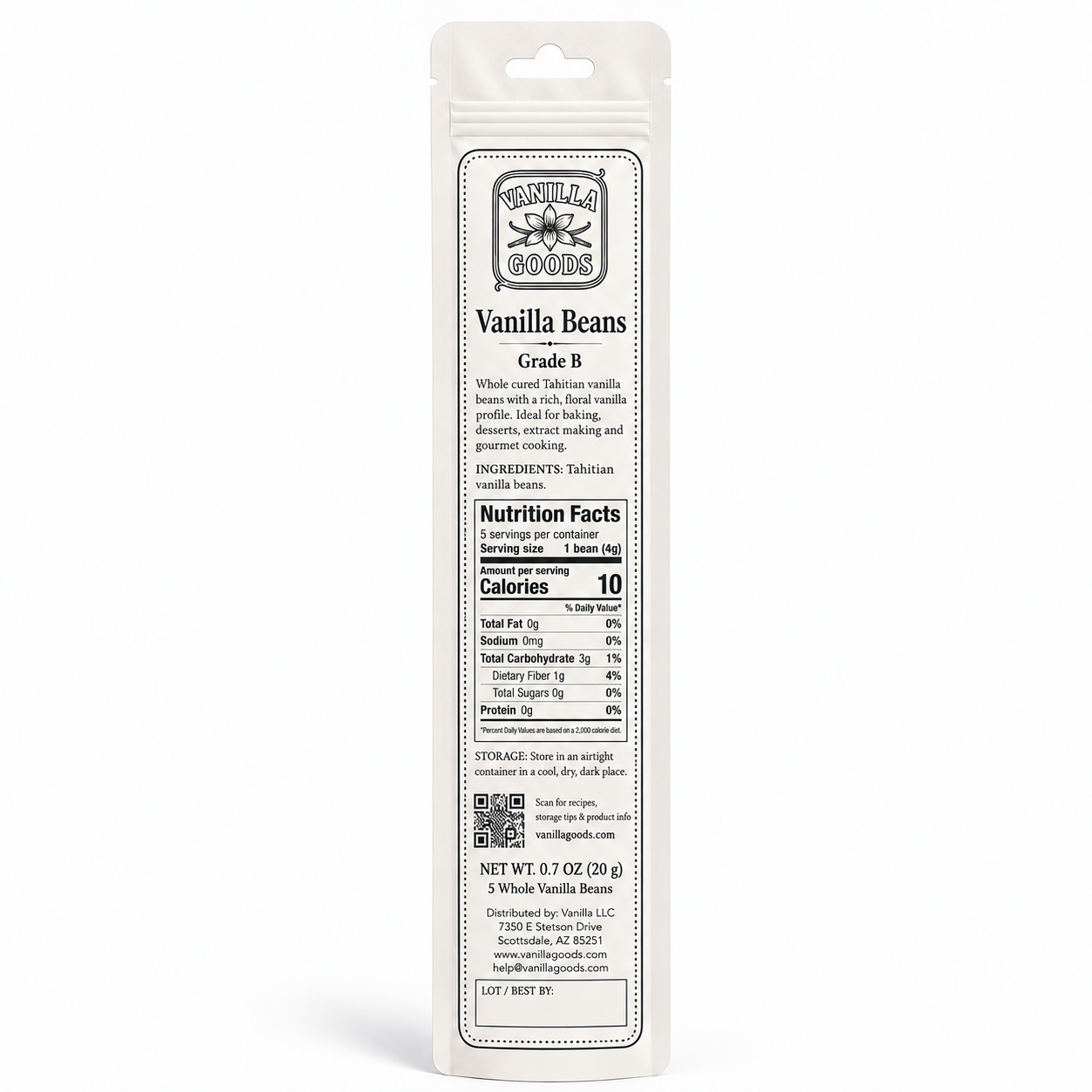 Tahitian Vanilla Beans, Grade B, 5 Beans