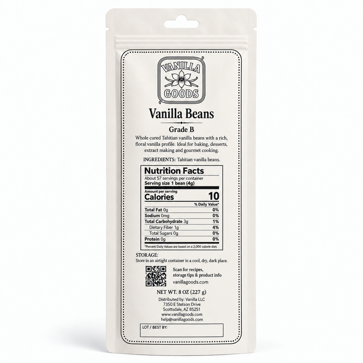 Tahitian Vanilla Beans, Grade B, 8 oz bag