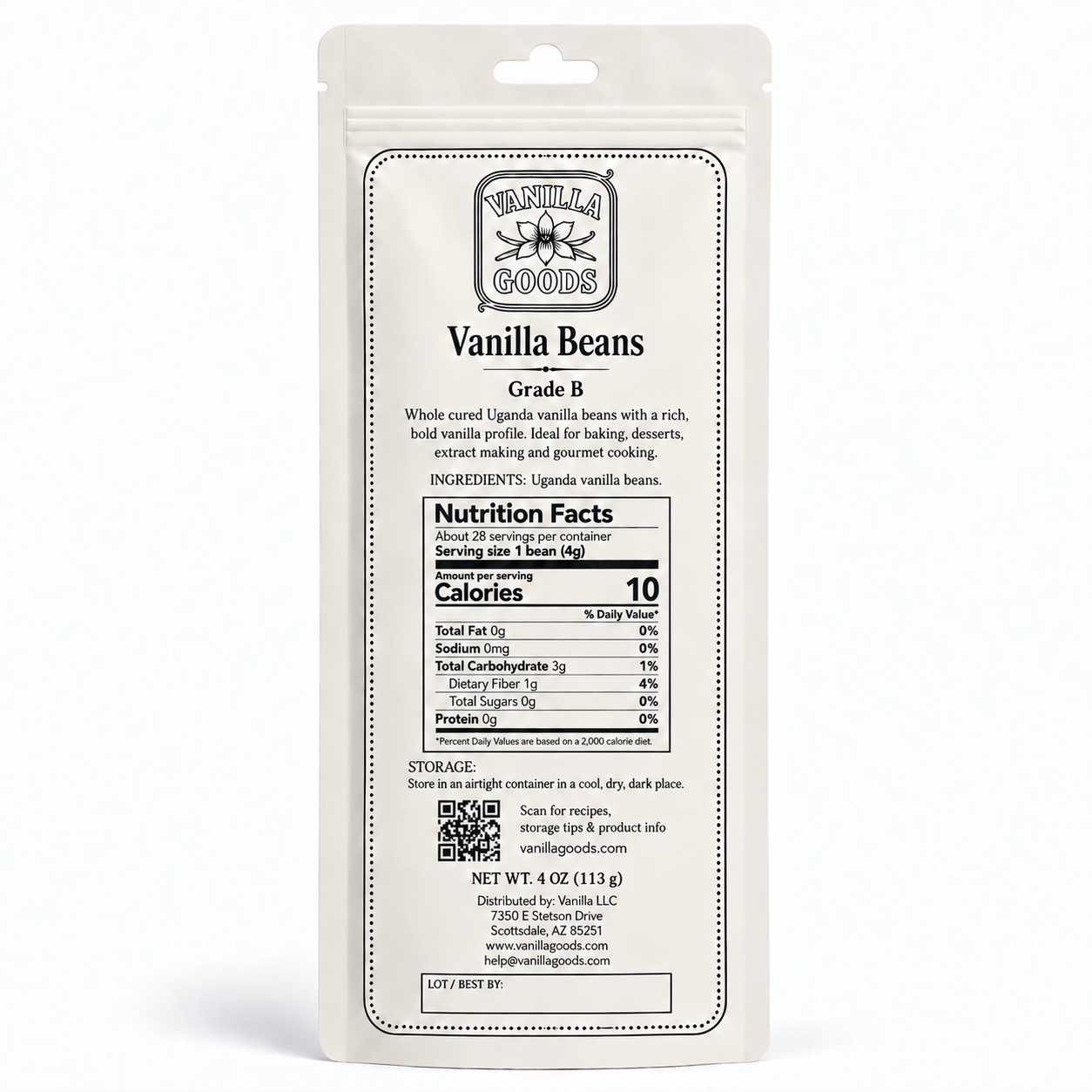 Uganda Vanilla Beans, Grade B, 4oz bag