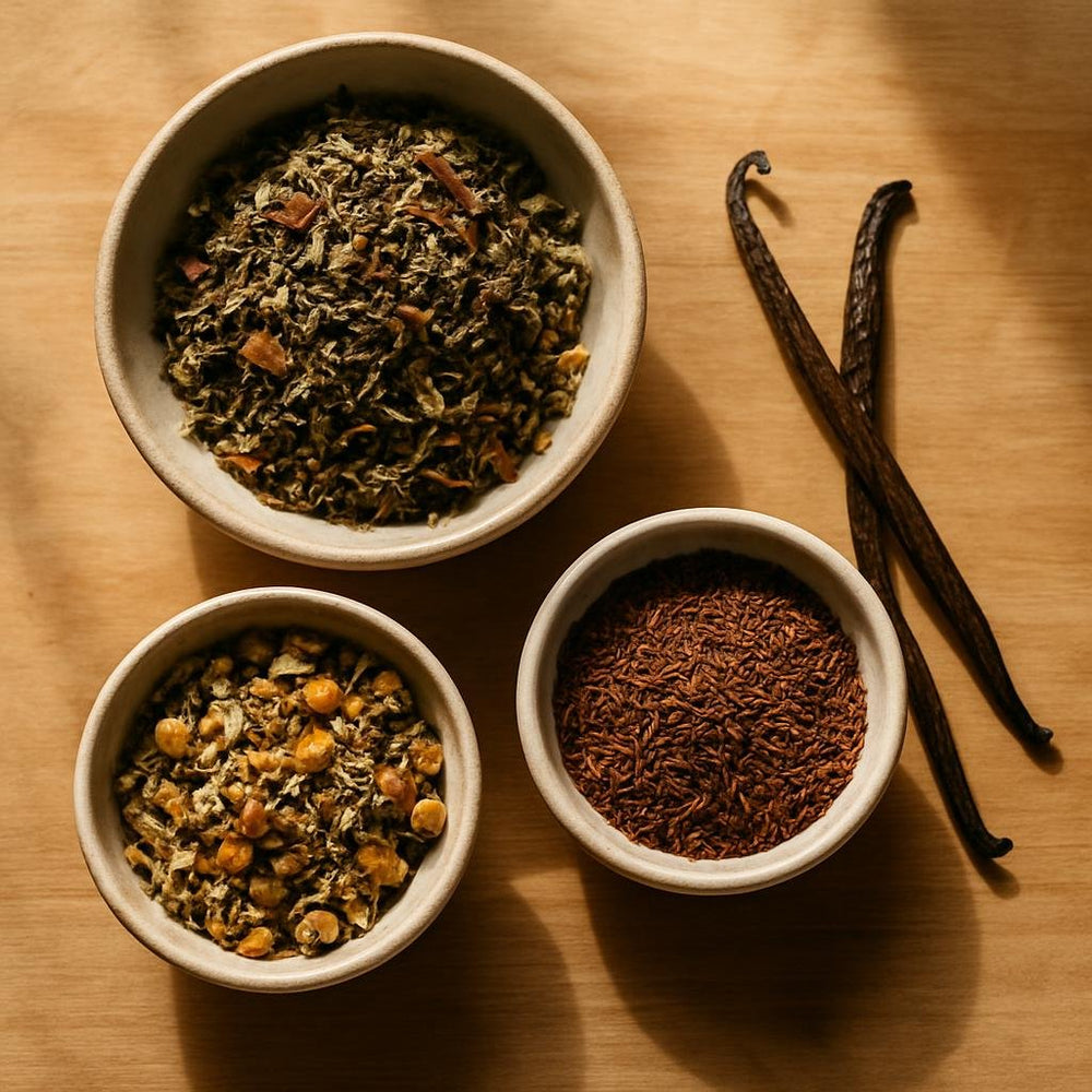 Chamomile Ginger Tea ingredients with vanilla bean pods