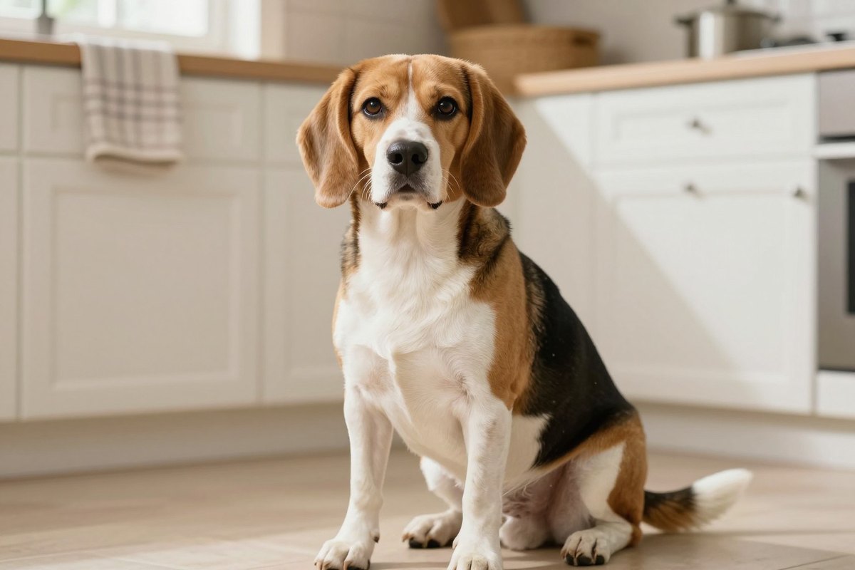 A tricolor Beagle sitting on the floor of a bright kitchen, nose raised to sniff the air