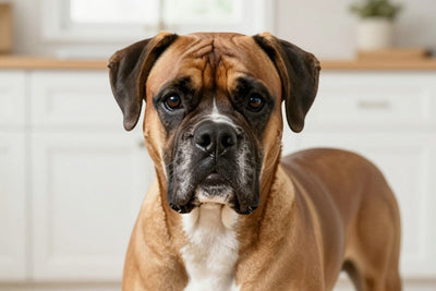 A fawn Boxer with white markings sitting in a bright kitchen