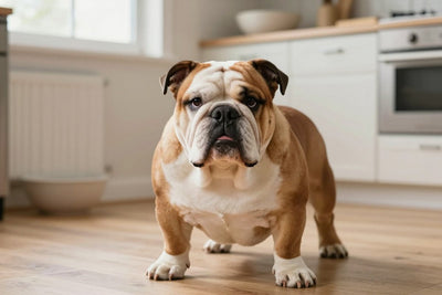 A fawn-and-white Bulldog sitting on the cool floor of a bright kitchen