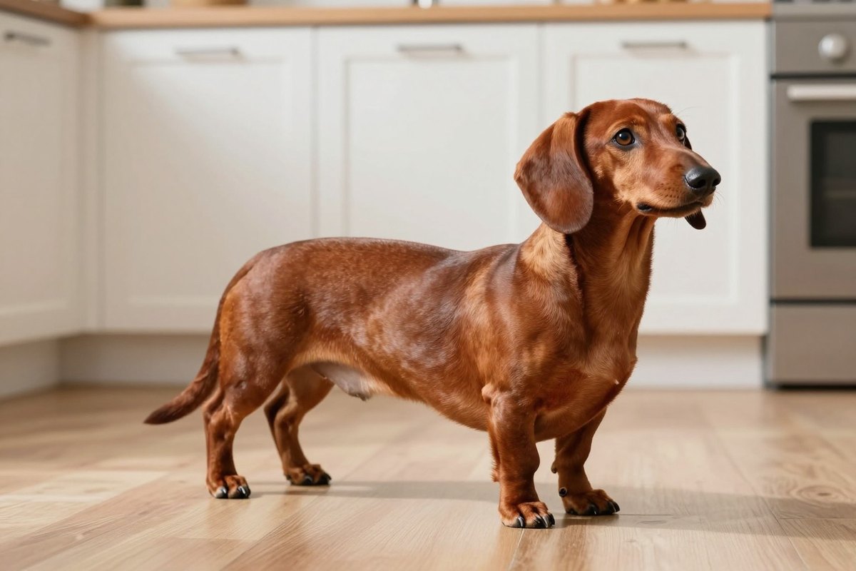A smooth red Dachshund sitting on the floor of a bright kitchen