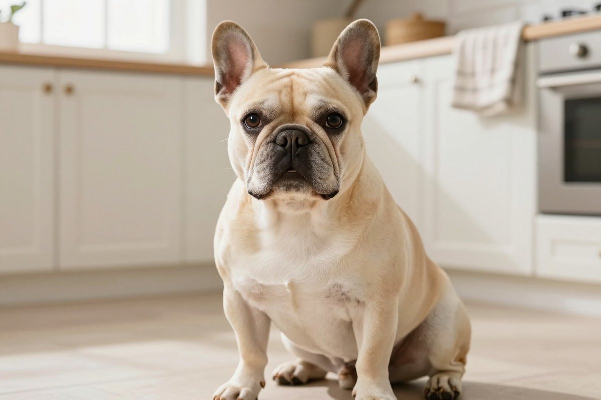 A fawn French Bulldog with upright bat ears sitting on the floor of a bright kitchen