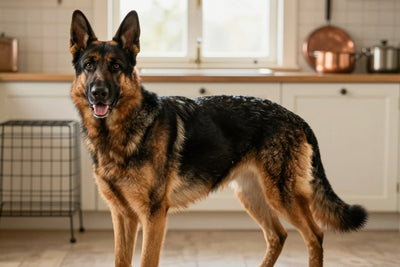 A black and tan German Shepherd Dog sitting alert in a bright kitchen