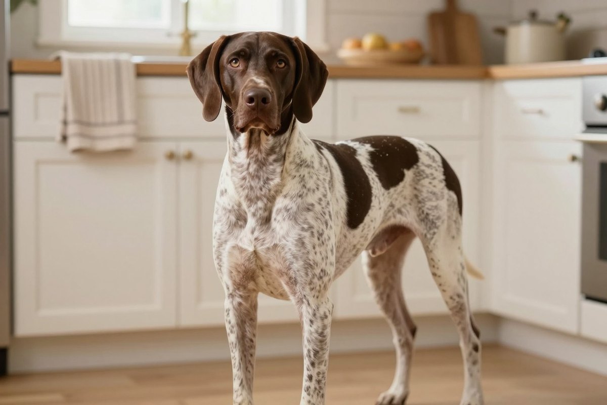 A liver-and-white ticked German Shorthaired Pointer sitting alert on the floor of a bright kitchen