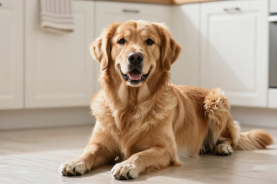 A Golden Retriever with a feathered golden coat sitting in a bright kitchen