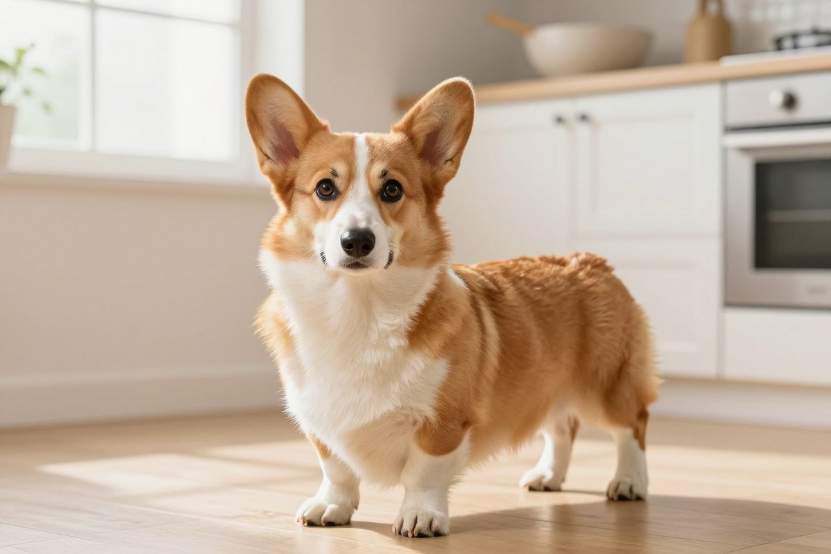 A red-and-white Pembroke Welsh Corgi sitting on the floor of a bright kitchen