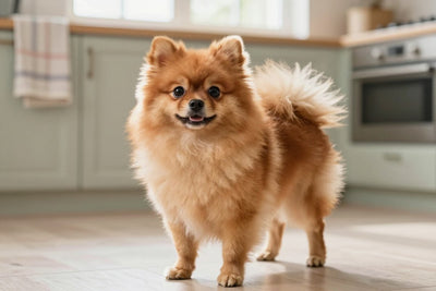 A fluffy orange Pomeranian sitting in a bright kitchen