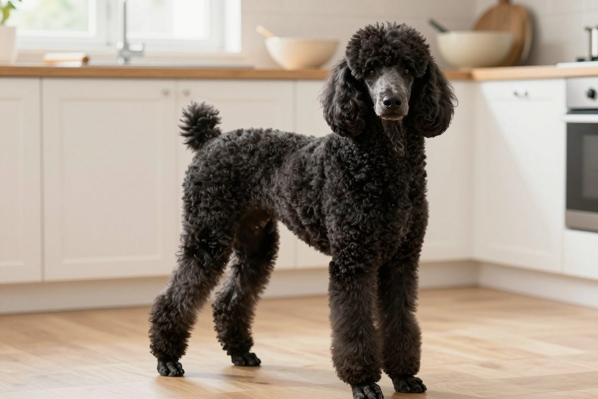 A curly apricot Standard Poodle sitting upright in a bright kitchen