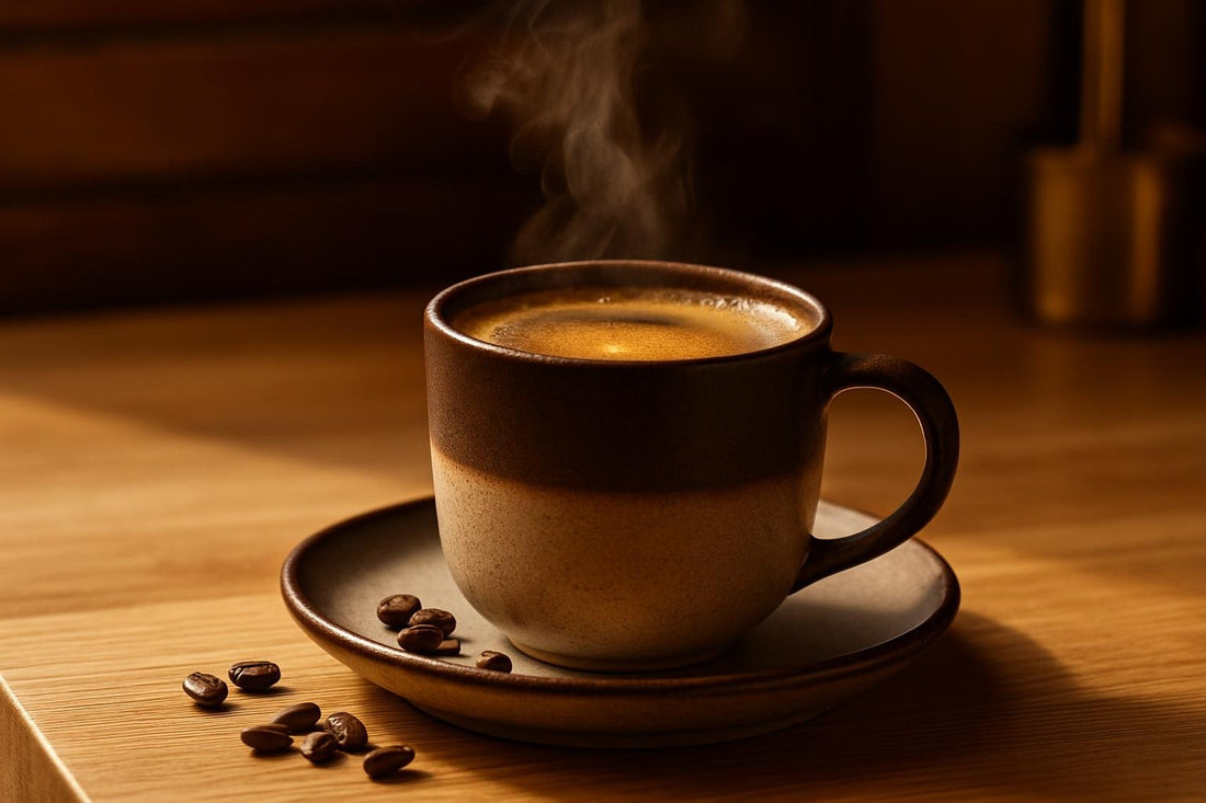 AeroPress Coffee in a ceramic mug on an oak kitchen island