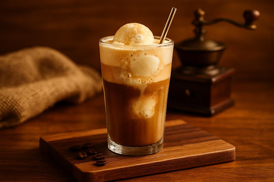 Affogato in a glass on an oak serving board