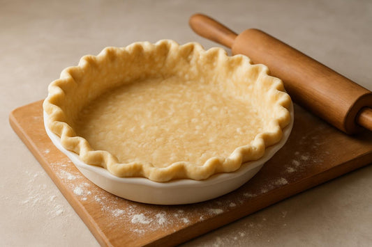 An unfilled, crimped all-butter flaky pie dough in a ceramic pie plate on a floured wooden board with a rolling pin beside it
