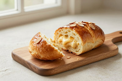 A glossy, deep golden almond brioche on a wooden board, one piece torn open to show the soft, feathery crumb