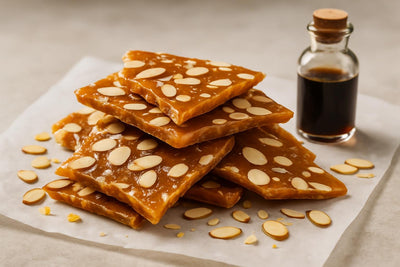 Shards of almond brittle on parchment