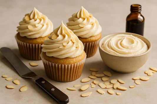 Cupcakes piped with almond buttercream frosting