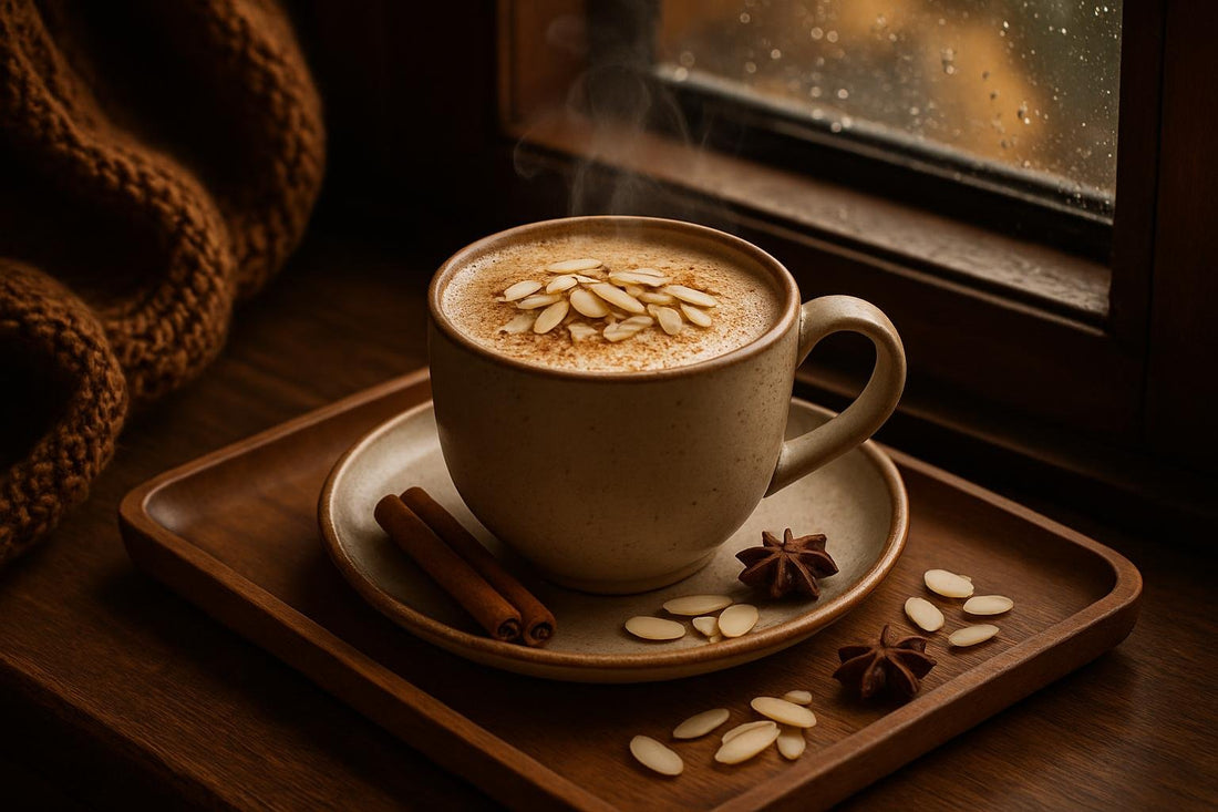 Almond Chai in a ceramic mug on an oak tray by a window