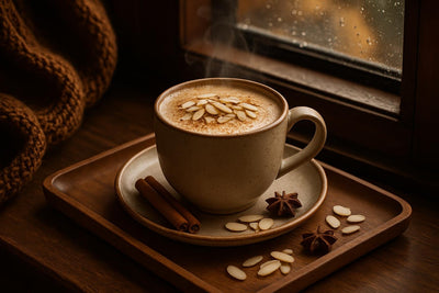 Almond Chai in a ceramic mug on an oak tray by a window