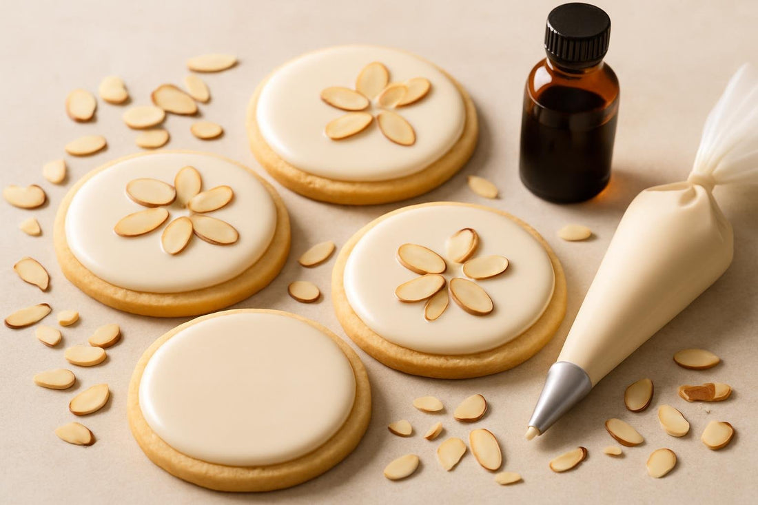 Sugar cookies decorated with almond cookie icing