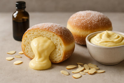Filled doughnut cut open to show almond custard