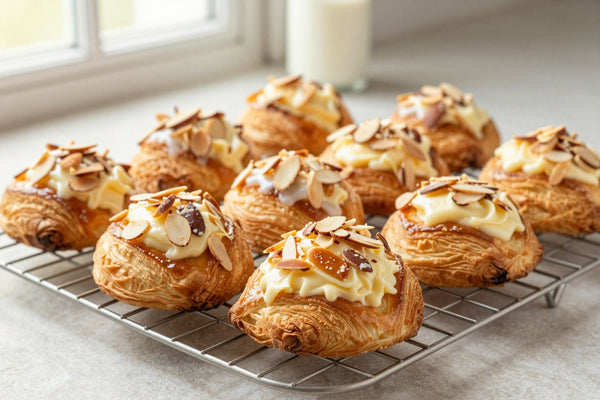 Almond danish on a wire rack, the glossy filling visible in the center of each pastry