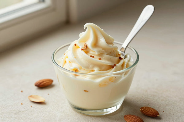 A generous swirl of almond gelato in a small glass cup with a flat gelato spade