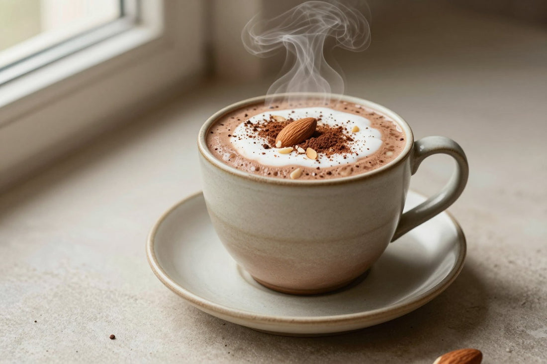 Almond Joy Cocoa in a ceramic mug