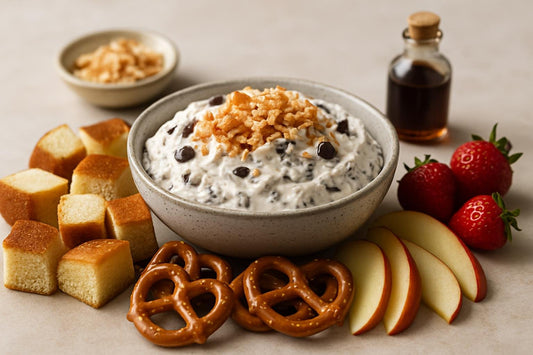Bowl of almond joy dip with brioche, pretzels and fruit