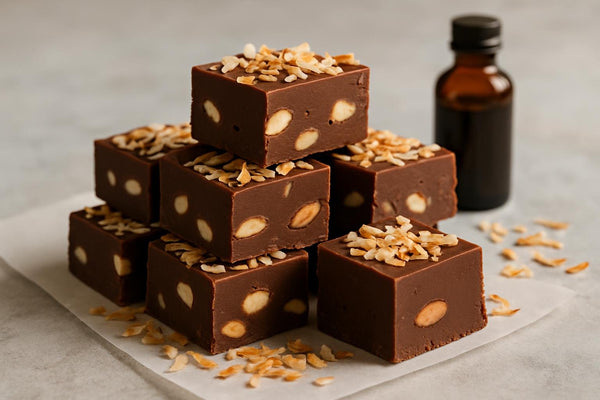 Squares of almond joy fudge on parchment