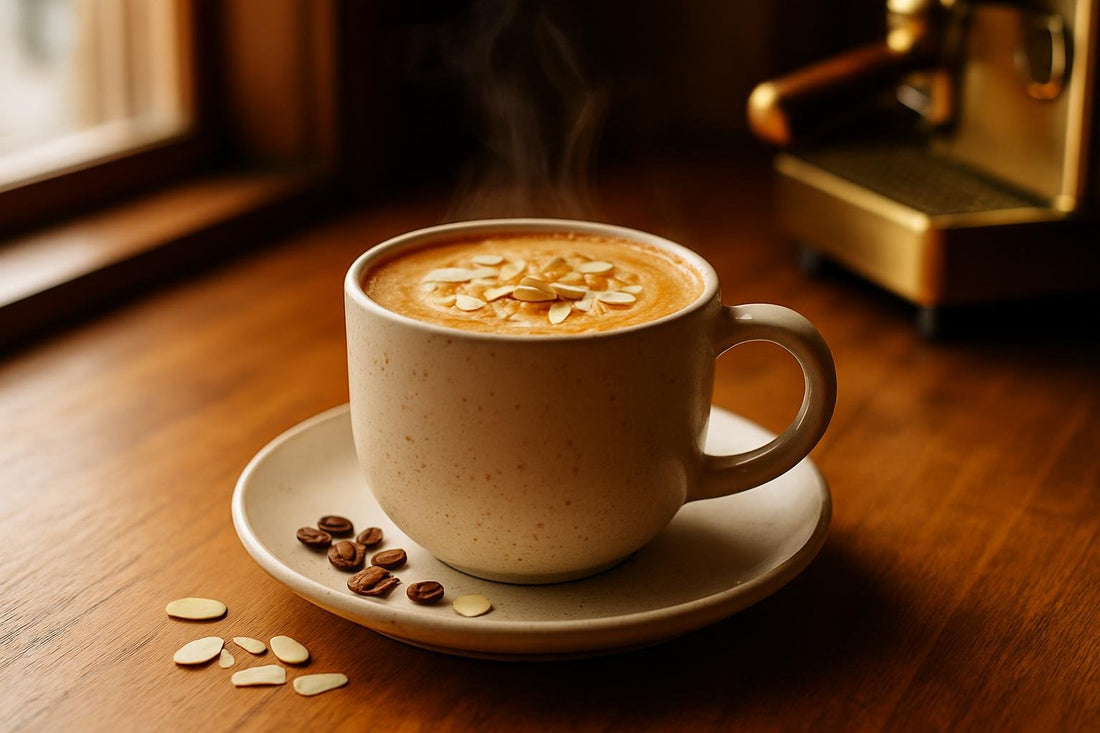 Almond Latte in a ceramic mug on an oak café counter