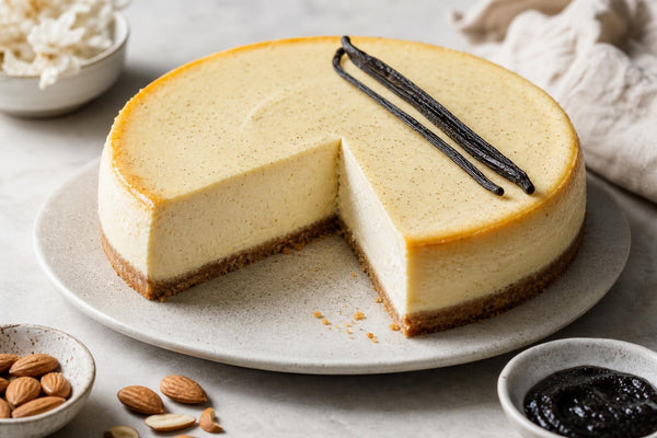 Almond vanilla cheesecake made with Madagascar vanilla