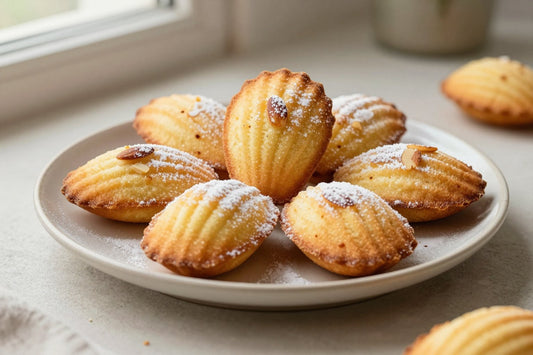 Shell-shaped almond madeleines on a plate, showing their golden humps and ridged sides