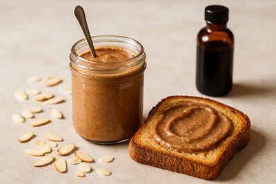 Jar of almond maple spread with toast