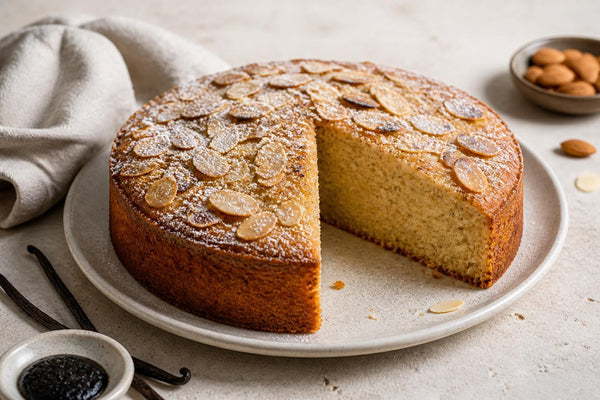 Almond vanilla layer cake made with Mexican vanilla