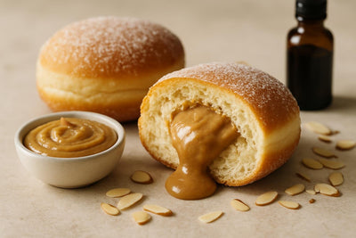 Filled doughnut cut open to show almond praline cream filling