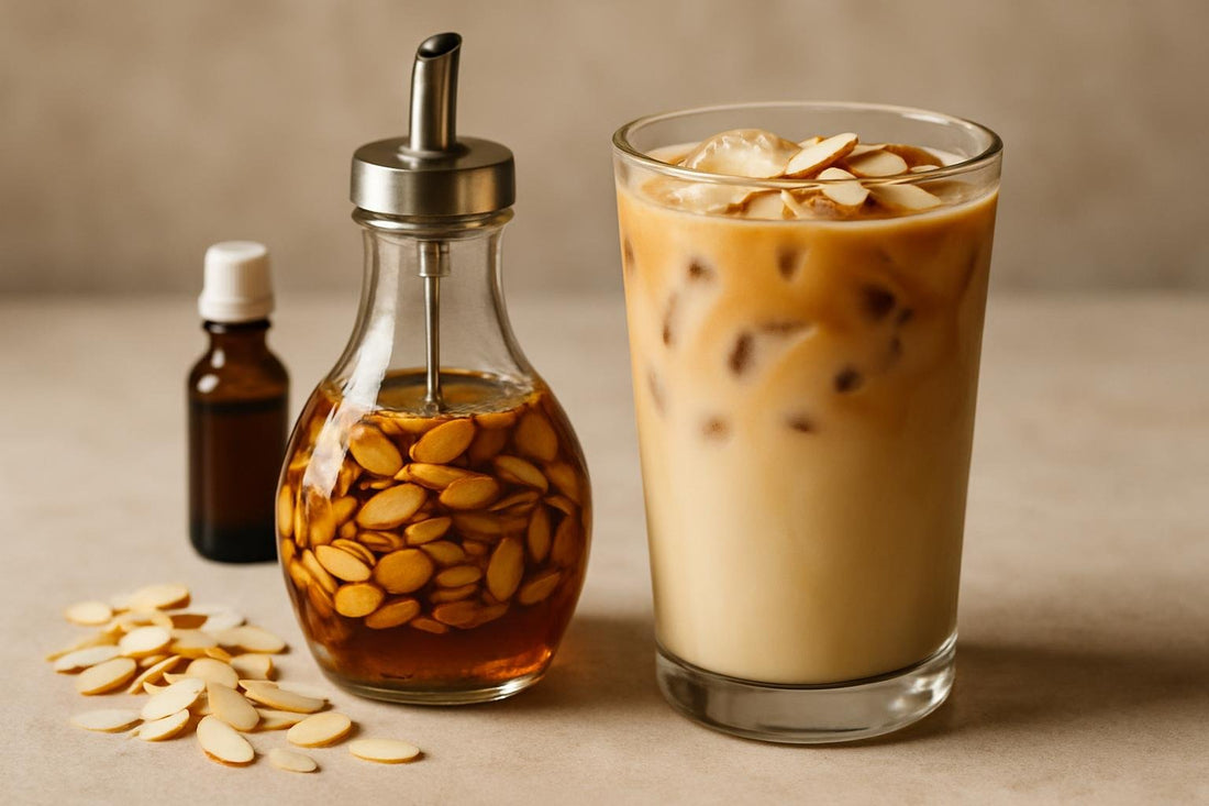 A small glass bottle of almond syrup with a pour spout, beside an iced latte sweetened with it