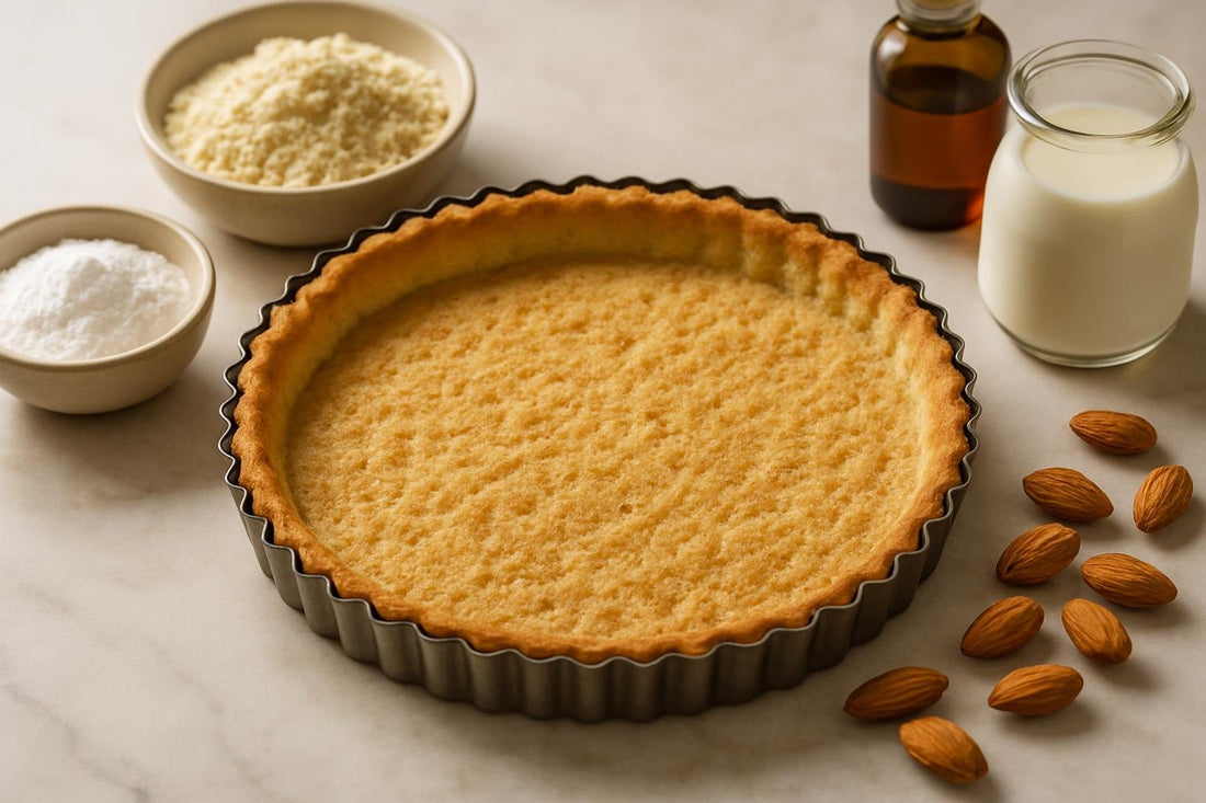A baked, empty almond tart shell in a fluted tart pan on a marble counter, golden and crisp