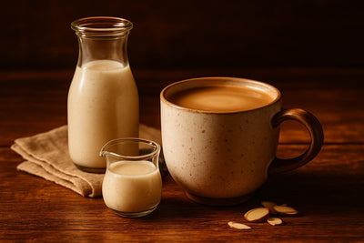 Almond Vanilla Creamer in a ceramic mug on an oak table