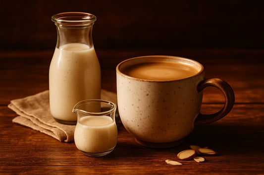 Almond Vanilla Creamer in a ceramic mug on an oak table