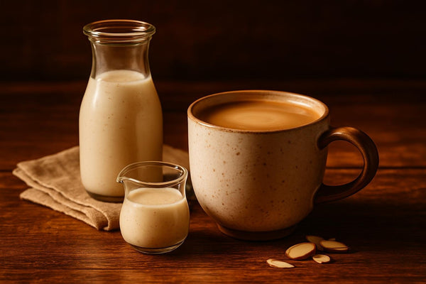 Almond Vanilla Creamer in a ceramic mug on an oak table